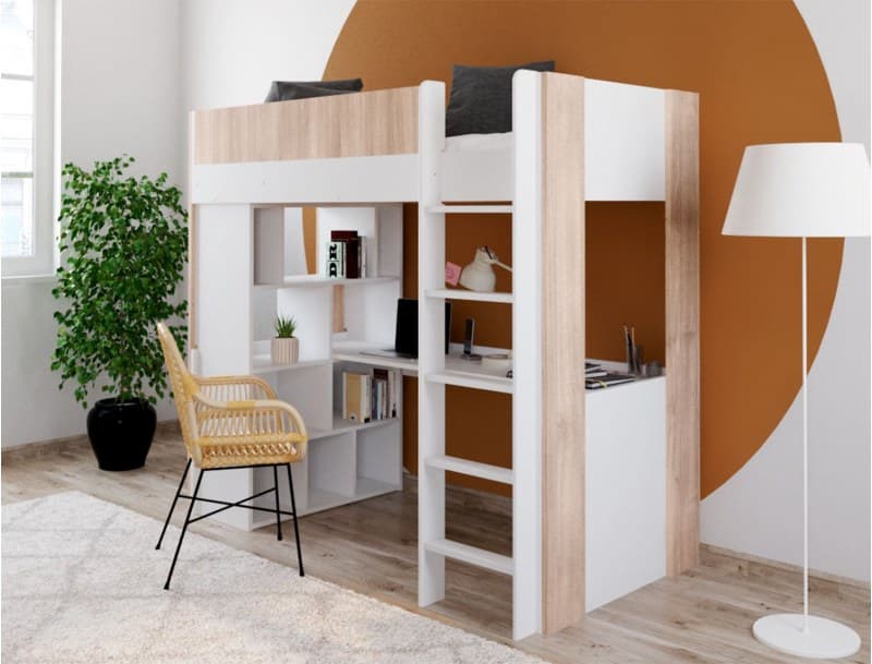 Lit mezzanine avec bureau DUNE blanc et bois